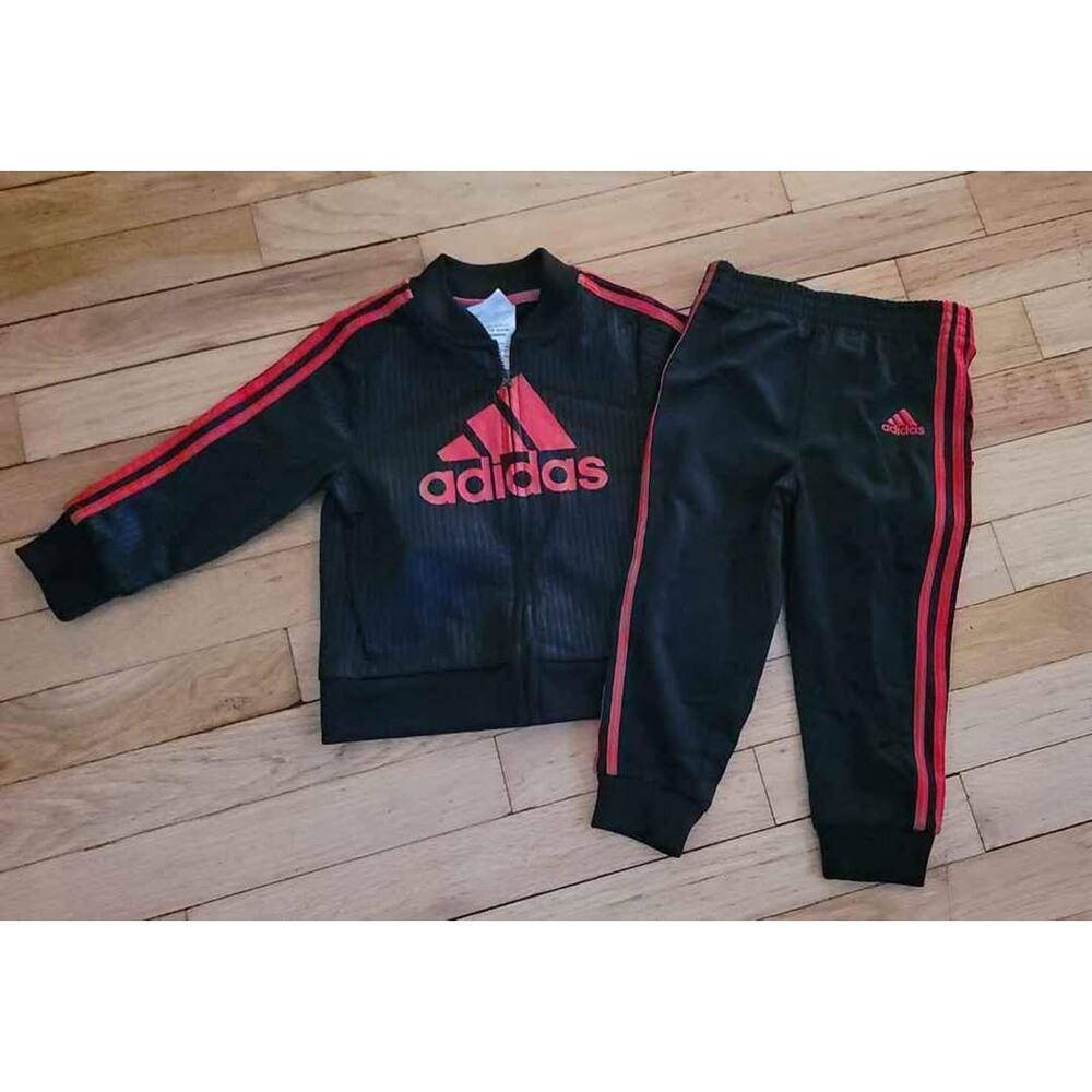 Adidas Kids Tracksuit Set Black Red Logo Zip Jacket Pants 18M
